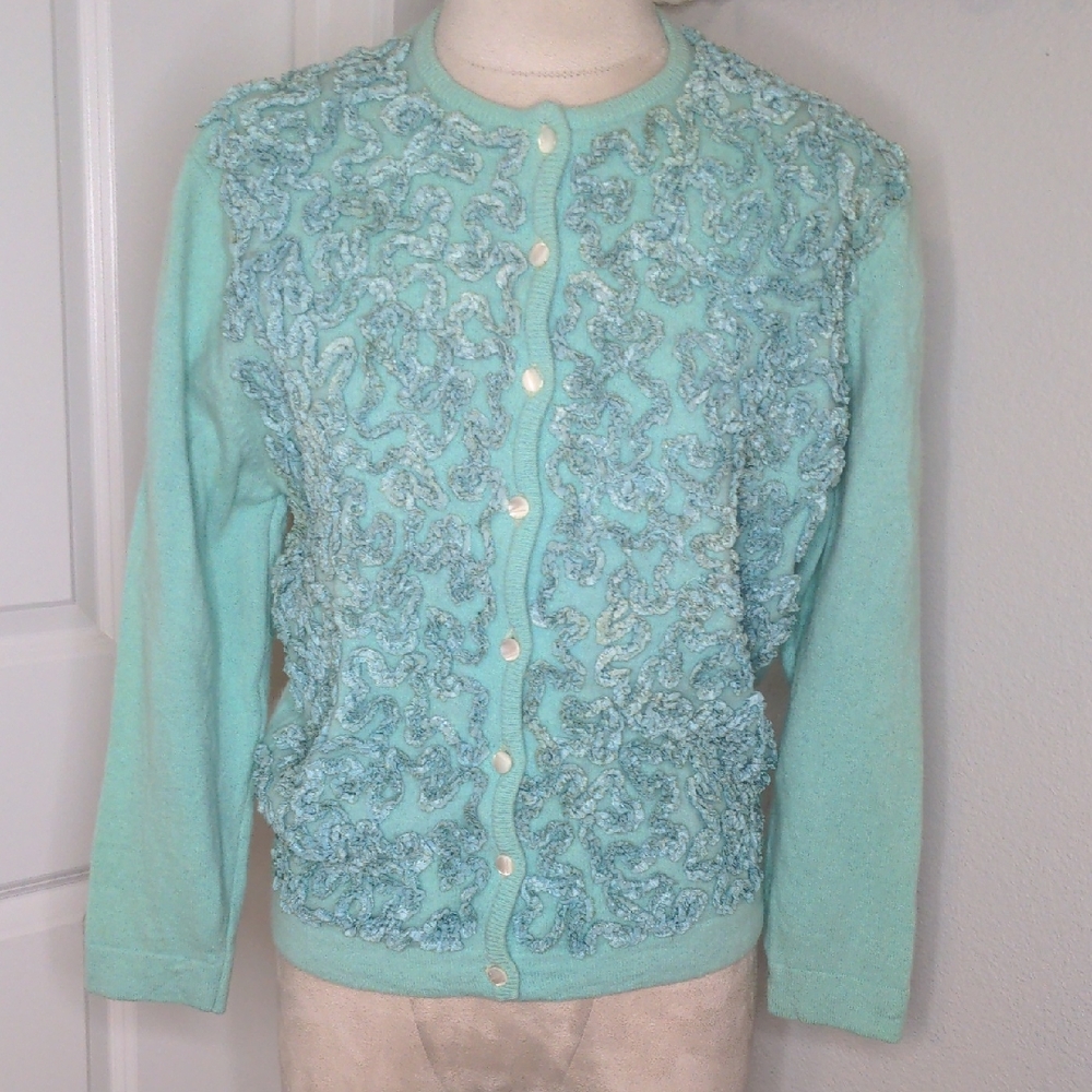 Vintage 60s Campus Casuals Cardigan Sweater Blue Angora Mid Century Sz M